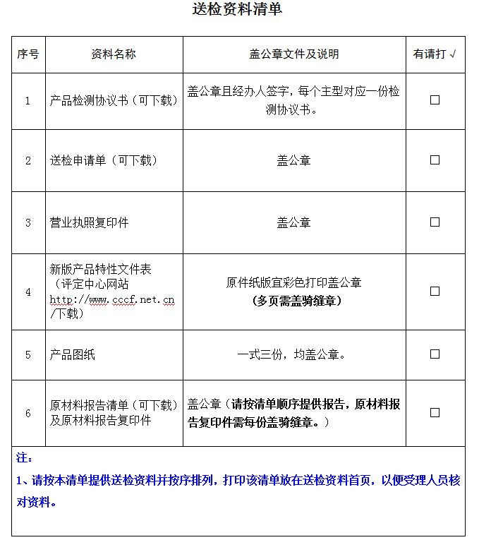 防火卷簾產品認證型式試驗業務受理送檢資料清單（廣東所）