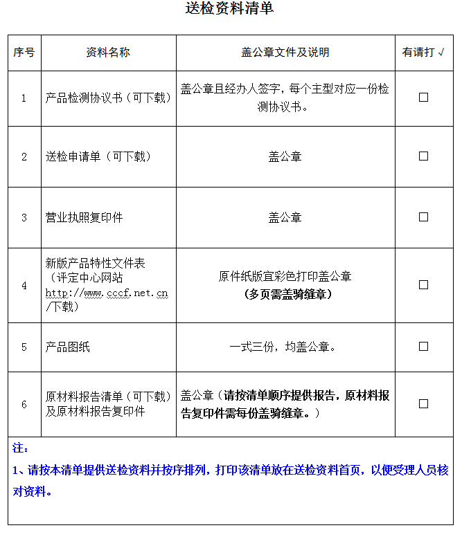 溝槽式管接件產品認證型式試驗業務受理送檢資料清單（廣東所）