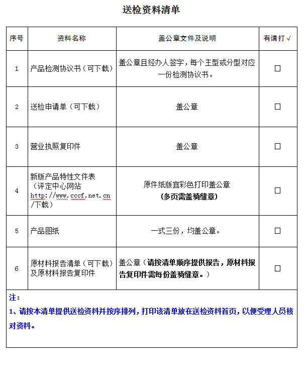 室外消火栓產(chǎn)品認(rèn)證型式試驗業(yè)務(wù)受理送檢資料清單（廣東所）