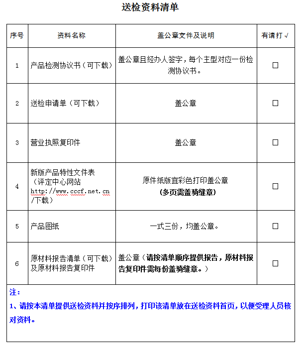 消防水槍產(chǎn)品認證型式試驗業(yè)務(wù)受理送檢資料清單（廣東所）