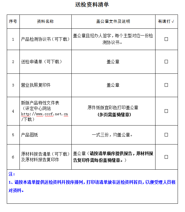消防腰斧產品認證型式試驗業務受理送檢資料清單（廣東所）