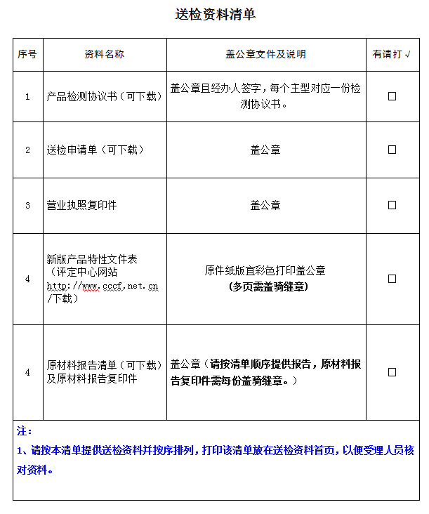 安全繩產品認證型式試驗業務受理送檢資料清單（廣東所）