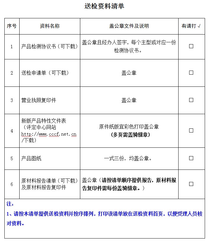 消防斧產(chǎn)品認(rèn)證型式試驗業(yè)務(wù)受理送檢資料清單（廣東所）