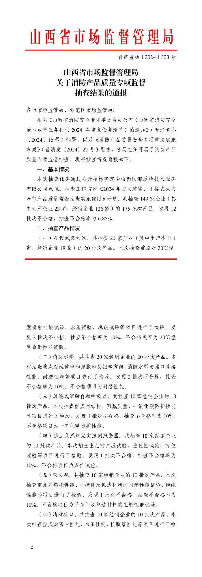 山西：消防產品質量專項監督抽查175批次，不合格12批次！